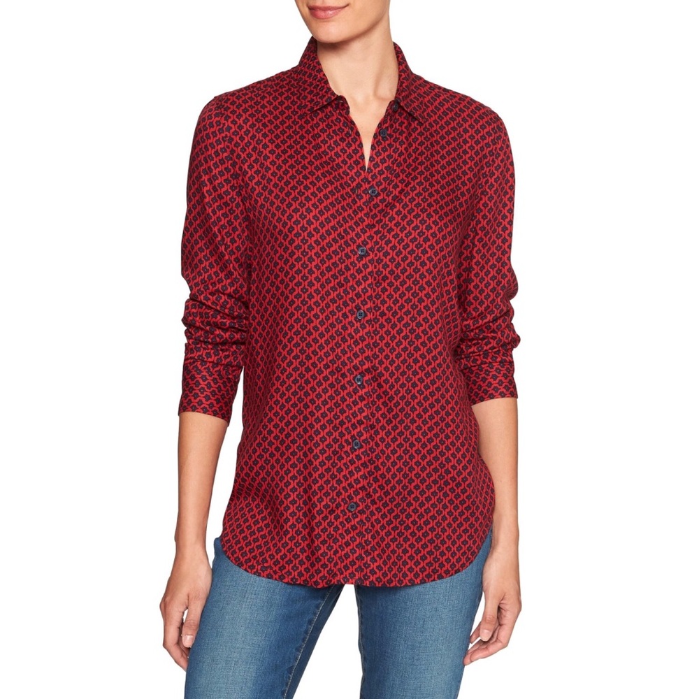 Women's Red Print Flounce Back Hem Boyfriend Shirt